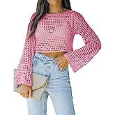 Womens Fishnet Crochet Crop Top Sexy Long Sleeve See Through Hollow Out Mesh Bikini Cover Ups