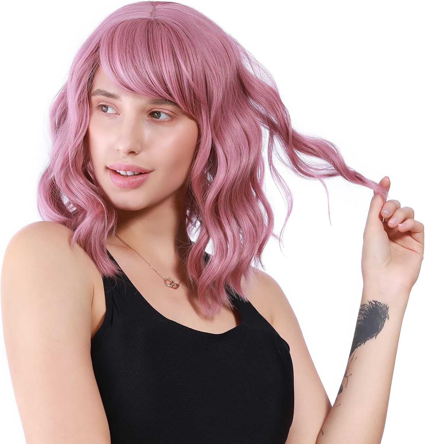 VCKOVCKO Pastel Wavy Wig With Air Bangs Women's Short Bob Purple Pink Wig Curly Wavy Shoulder Length Synthetic Cosplay Colorful Wigs for Girls (12",Purple Pink) - Image 4