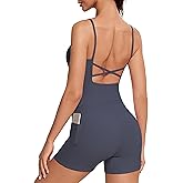 OMKAGI Workout Sets for Women Open Back Strappy Workout Tank Gym Shorts Outfits with Pockets