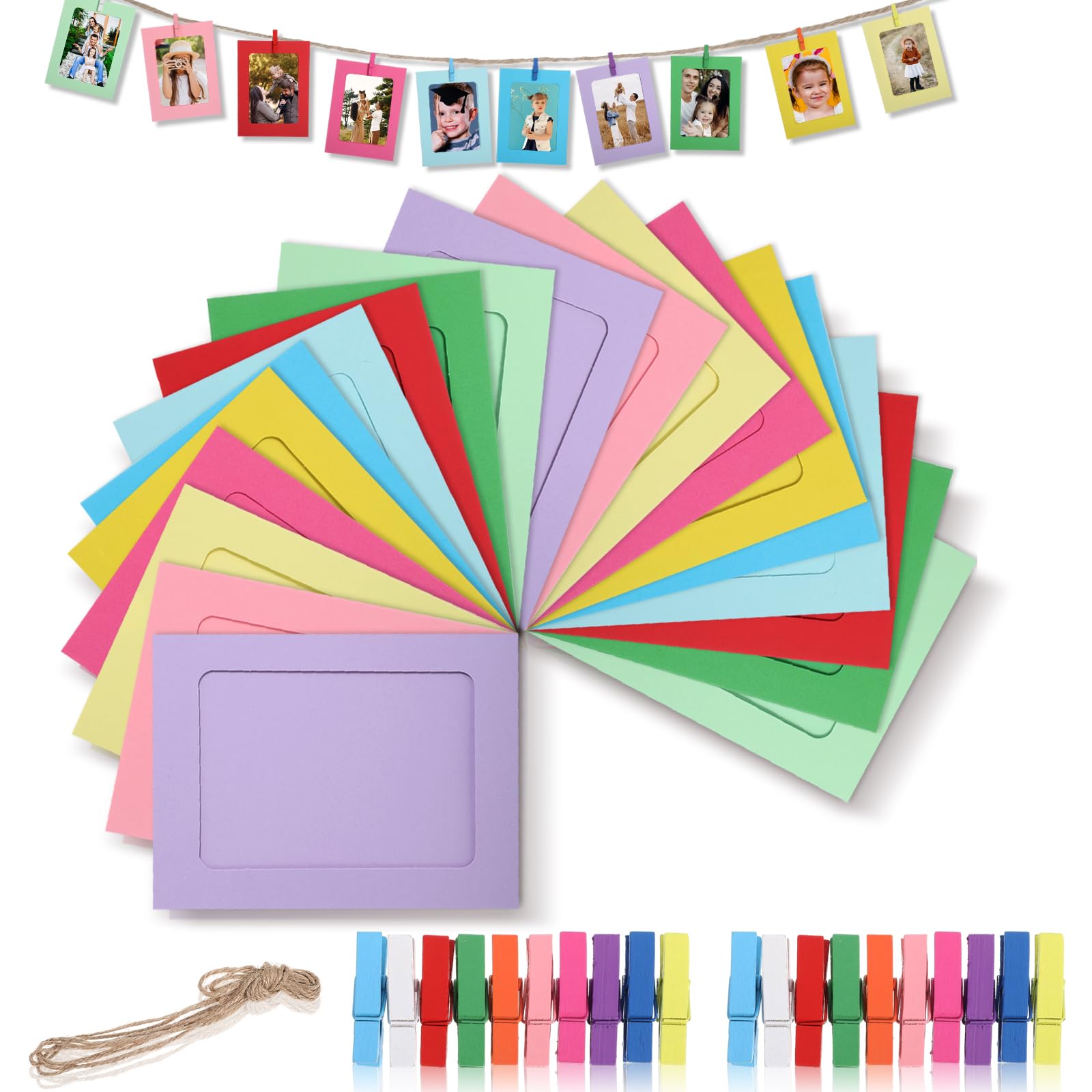 Photo 1 of oruola 20 Paper Picture Frames,Hanging Colorful Paper Frames 4 X 6 in, Papers Photo Frame with 20 Colorful Mini Wooden Clips and 2 Ropes DIY Hanging,for Home, Office and Party Decoration