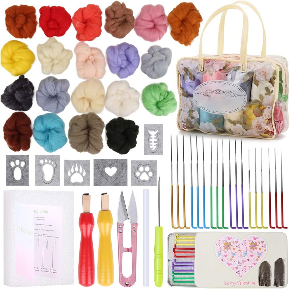 Felting Kit - Needle Felting Supplies, Felting Kits for Beginners, Wool Felting Kit with Wool Roving (15g / Color), Needle Felting Needles (18 Pcs), Foam Mat and Wool Felt Tools for Adults