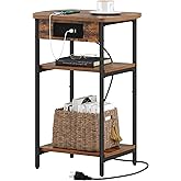Hzuaneri End Table with Charging Station, 3 Tier Storage Bed Side Table with USB Port & Outlet, Nightstand for Living Room, Bedroom, Narrow Side Table, Rustic Brown and Black ET05201B