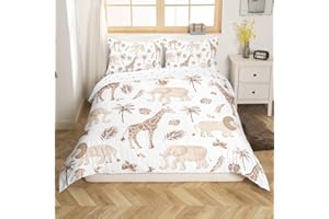Feelyou Safari Animal Bedding Set Kids Boys Girls Elephant Lion Giraffe Duvet Cover Twin Size Jungle Animals Comforter Cover 