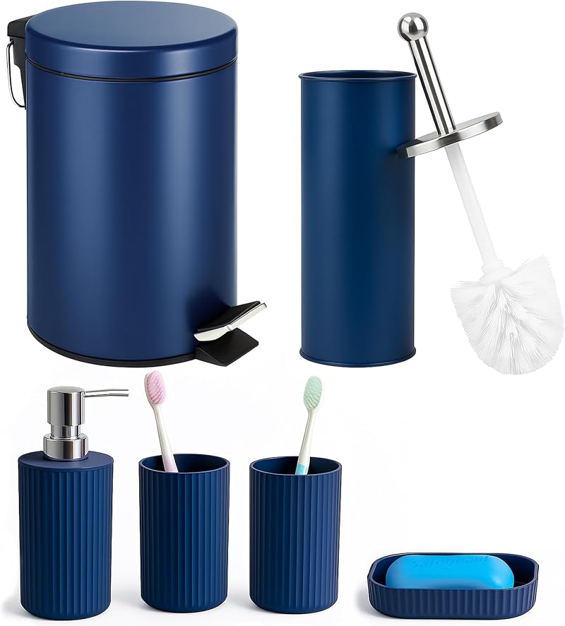 iTrend 6-Piece Matt Blue Bathroom Accessories Set 3L Pedal Waste Bin