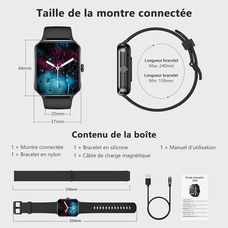Montre Connectée Homme Femme, Appel Bluetooth, 1,85" HD, Noir