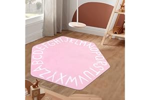 STARUIA Hexagon Pink ABC Rug for Girls Bedroom, 55"x47" Non-Slip Washable Rug for Teen Girls Dorm, Alphabet Nursery Rug for Baby Girls, Letter Playmat for Princess Castle Tent Playpen