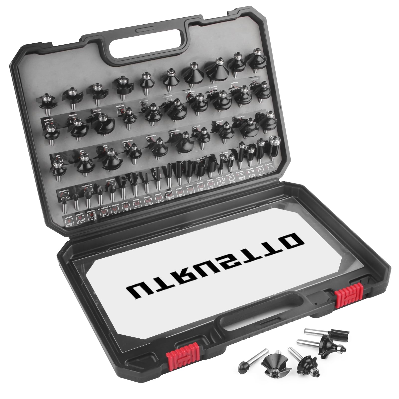 Photo 1 of ** SOLD AS IS NO REFUND/RETURN** SEE COMMENTS! 
UTRUSTTO Router Bits 1/4 Inch Shank 50 Pieces, Tungsten Carbide 1/4" Router Bit Set, for Professional and Beginners Carpenter