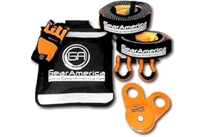 GA GEARAMERICA GearAmerica Off Road Recovery Kit, 9 Ton, Includes Tow Strap, Tree Saver, Snatch Block Pulley, D-Ring Shackles, Winch Line Dampener Bag, Gloves - Off Road Recovery Gear, 4x4, Orange