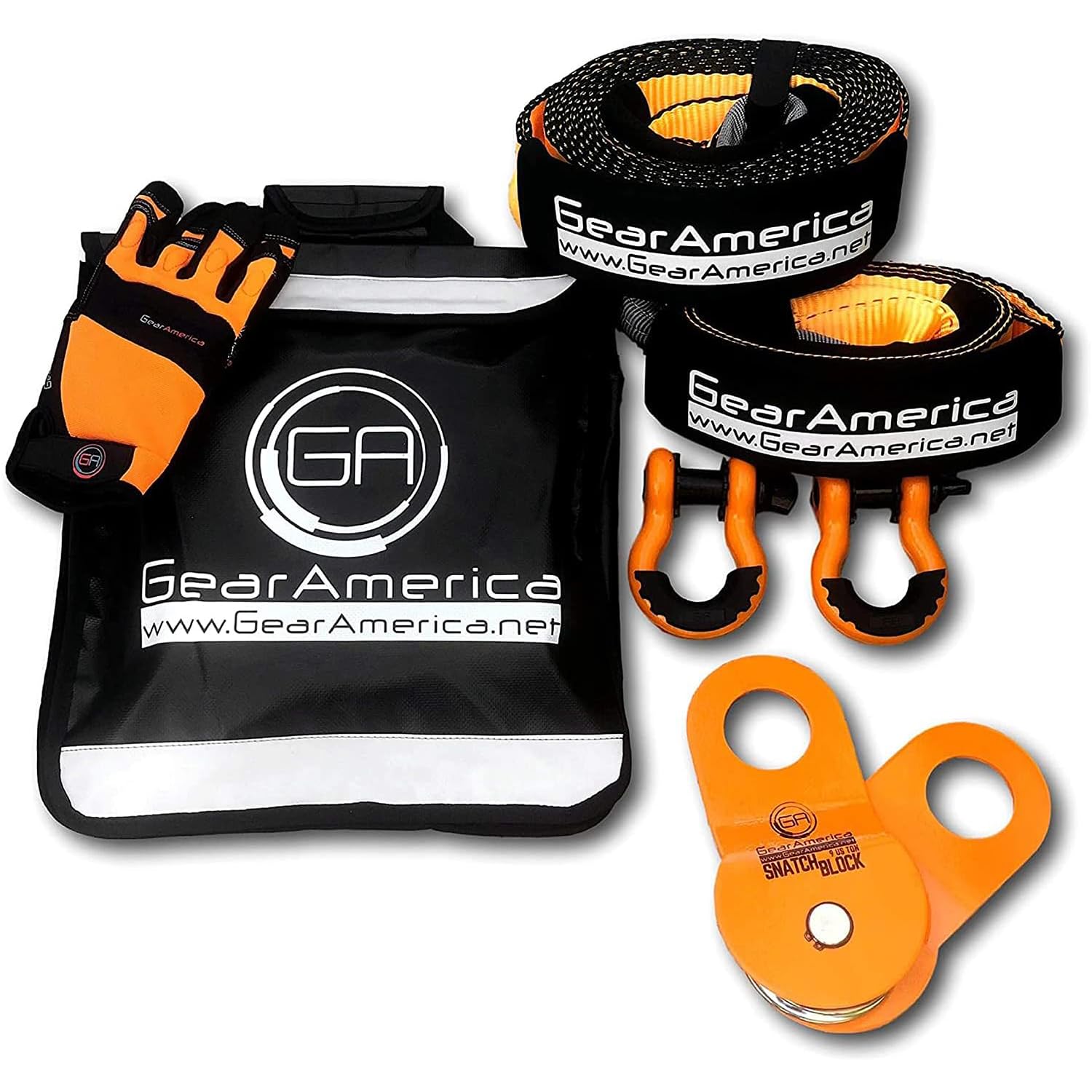 GearAmerica Off-Road Recovery Kit | Tow Strap + Tree Saver + Heavy Duty Snatch Block Pulley + Orange D-Ring Shackles + Winch Line Dampener Bag + Recovery Gloves | Ultimate 4x4 Winching Accessories