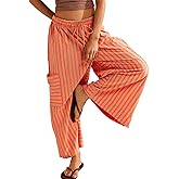 EVALESS Women Palazzo Pants Summer Casual Wide Leg High Waist Lounge Flowy Beach Striped Trousers Travel Vacation Outfits