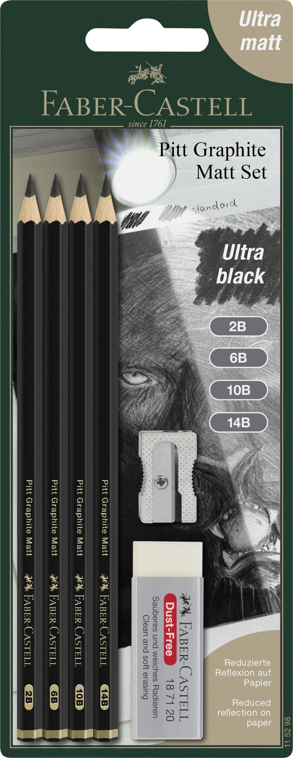 Faber-Castell Pitt Graphite Matt Pencils Set, Includes 4 Pencil 2B, 6B, 10B, 14B, Rubber Eraser, Sharpener, Ideal for Artists, Blending, Shading, Drawing, Sketching, Charcoal