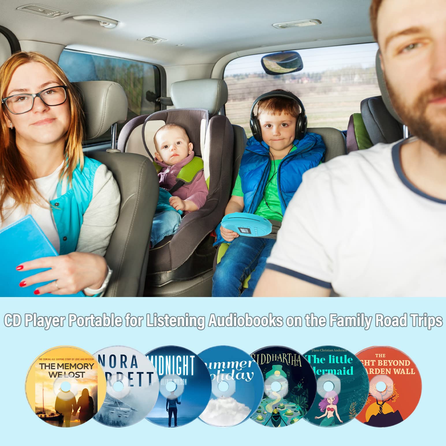 CD Player Portable | Speaker Built-in Rechargeable CD Player for Car and Home, Kids, Anti-Skip Player with Headphones(Cyan-Blue)