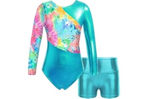 Moggemol Kids Girls Gymnastics Dance 2 Piece Outfits Long Sleeve Leotards with Shorts Sets Athletic Biketard