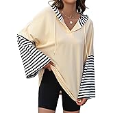 Women's Oversized Hoodie Y2K Casual Striped Long Sleeve V Neck Pullover Top Loose Fit Fall Winter Sweatshirt