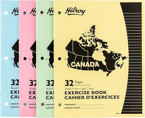 Hilroy Canada Stitched Exercise Book, 32 Pages/16 Sheets, 4-Pack (12692) | 7mm Ruled with Margin, 3-Hole Punched, Assorted Colours