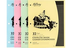 Hilroy Canada Stitched Exercise Book, 7 mm Ruled with Margin, 3-Hole Punched, 32 Pages/16 Sheets, 4-Pack, Assorted Colour Cov