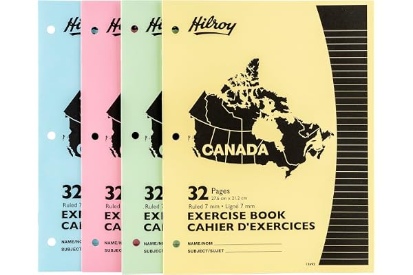 Hilroy Canada Stitched Exercise Book, 7 mm Ruled with Margin, 3-Hole Punched, 32 Pages/16 Sheets, 4-Pack, Assorted Colour Cov