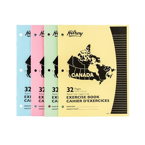 Hilroy Canada Stitched Exercise Book, 32 Pages/16 Sheets, 4-Pack (12692) | 7mm Ruled with Margin, 3-Hole Punched, Assorted Colours