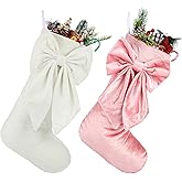 Seematn 2 Pack Bow Christmas Stockings, 18 Inches Pink White Velvet Christmas Stocking Coquette Luxury Xmas Hanging Socks Decoration for Tree Fireplace Mantel Party Elegant Holiday Decor