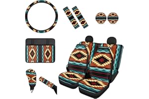 Wanyint Brown Native American Car Seat Cover Full Set Ethnic Indian Geometry Print Breathable Steering Wheel Cover Seat Belt Shoulder Pad Handbrake & Gear Shift Knob Cover Car Center Console Pad
