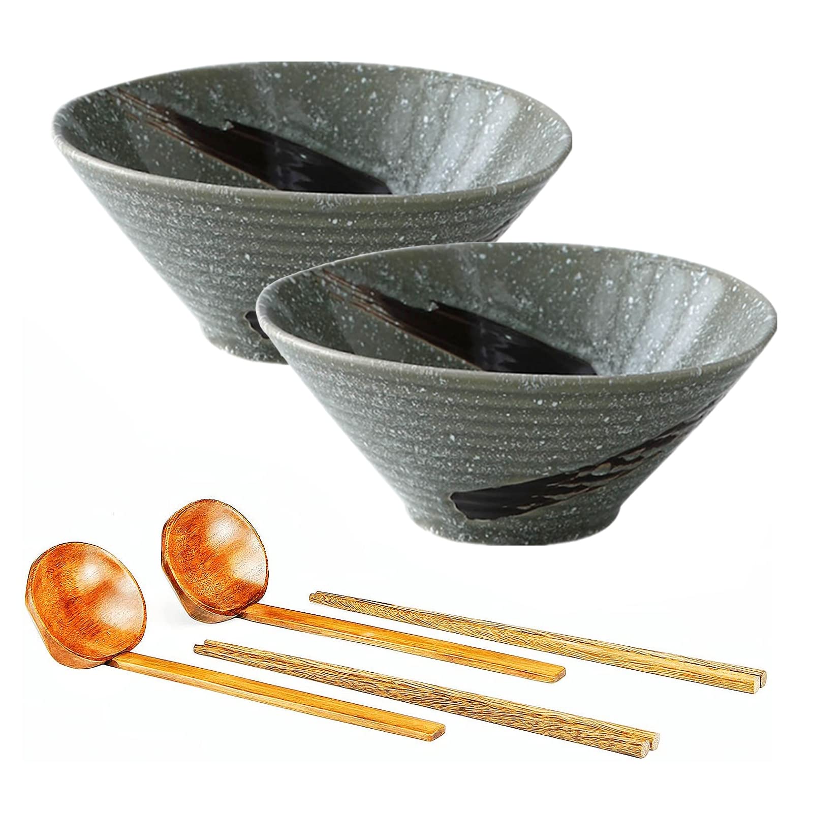 9 Inchs Ceramic Ramen Bowls, 2 Sets (6 Piece) Noodle Bowl Sets, Large Japanese Ramen Bowl with Spoons Forks and Chopsticks 1650ml, for Cereals, Pasta, Assorted, Soup, Udon, Pho (9 Inches, Green)