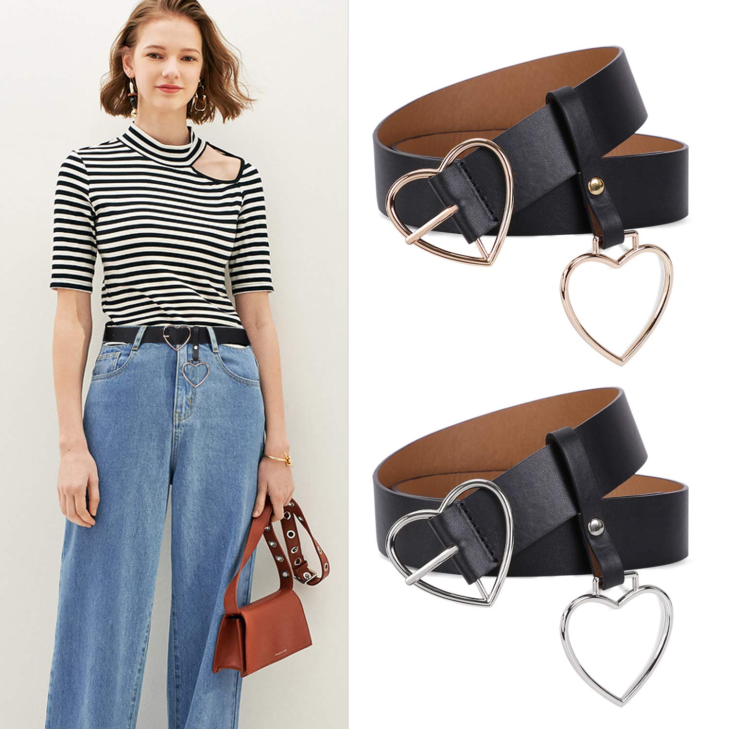 Heart-shaped Wide Black Belt with Metal Buckle for Women Girls Students Shorts Jeans Ladies Dress