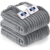 SEALY Electric Blanket Queen Size, Soft Ribbed Flannel to Sherpa Reversible Heated Blanket with Dual Control 10 Heat Settings & 1 to 12 Hours Auto-Off 84"x90" Machine Washable, Light Grey