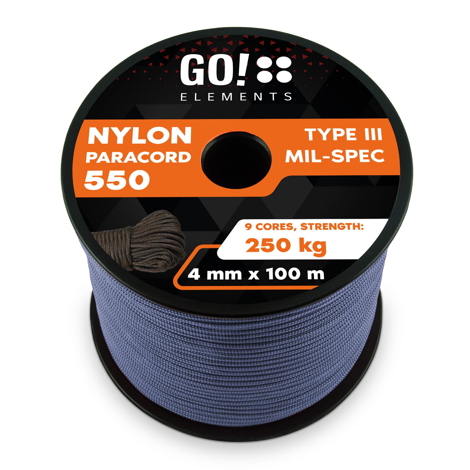 GO!elements 100m Paracord made of Nylon Rope - 4mm Paracord 550 Type III - suitable as Drawstring Cord, Washing Line Rope, etc. | Max. 250kg, Color:Gray-Blue