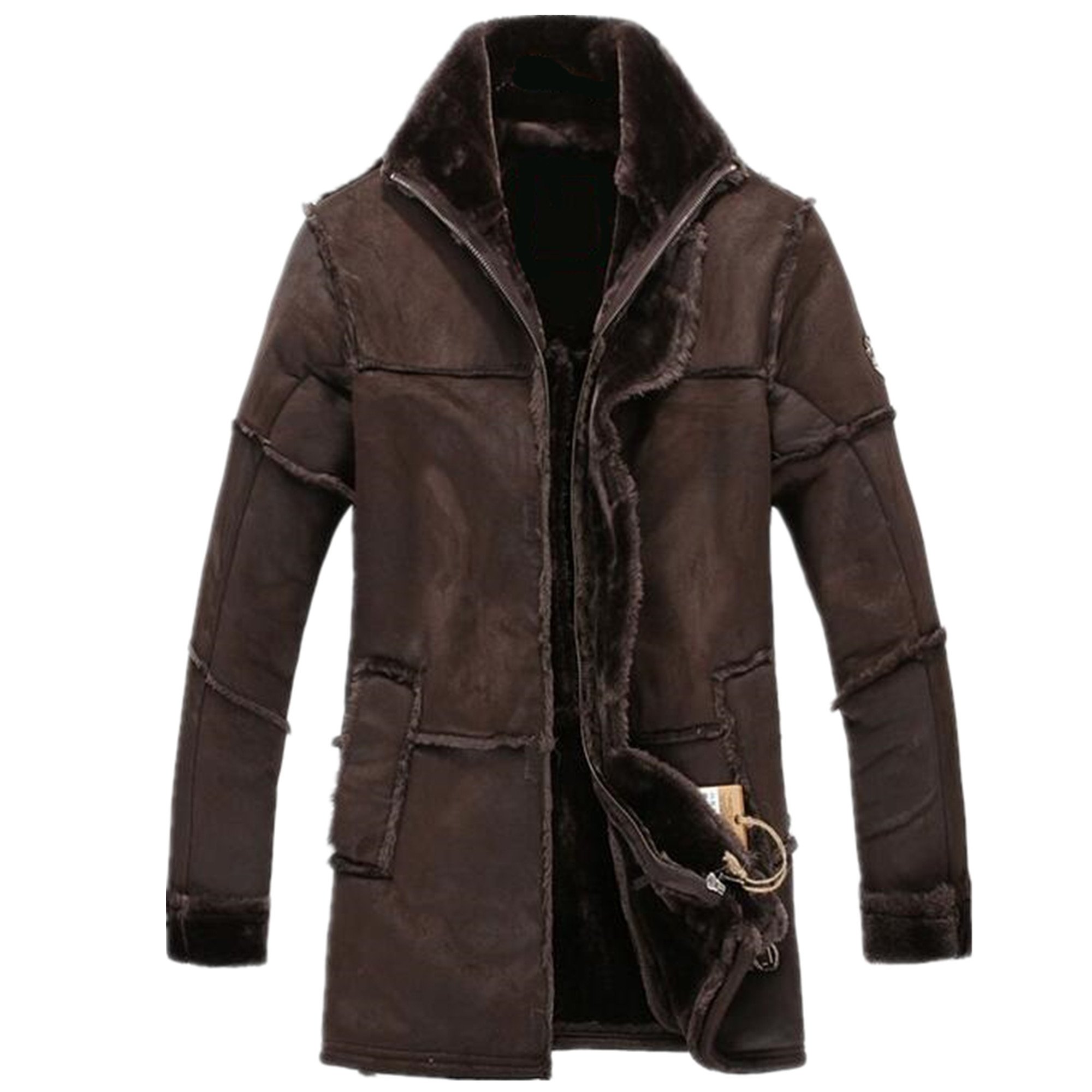 Allonly Men's Vintage Sheepskin Jacket Fur Leather Jacket Cashmere Shearling Coat, Chocolate, US 