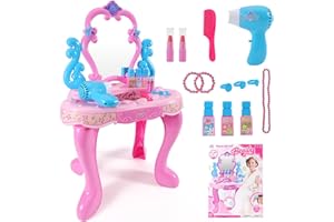 Belle&Beau Girls Vanity Set with Mirror, Toddler Vanity Makeup Table with Mirror & Drawer, Pretend Play Makeup Vanity Set for 3+ Years Girls with Lights & Sound
