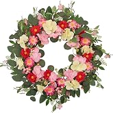 wwmira 24 Inch Spring Summer Wreaths for Front Door, Artificial Eucalyptus Wreath with Pink Red Flowers, Farmhouse Rustic Door Wreath for Wall Window Porch Home Decor, Mother's Day All Season Decor