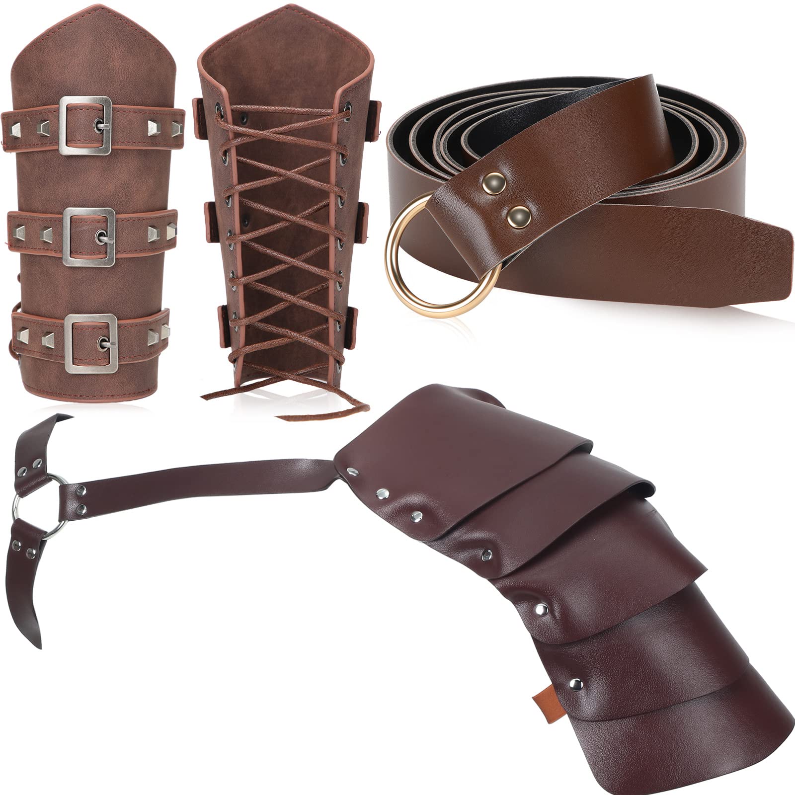 Foaincore 3 Pcs Halloween Adults Faux Leather Arm Guards Medieval Bracers Viking Battle Knight Belt and Leather Single Shoulder Cover Cape Belt for Cosplay Theme Party Brown, Brown