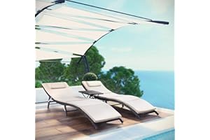 VICTONE Lounge Chairs for Outside, 3 Pieces Patio Chaise Set Outdoor Poolside PE Rattan Reclining Chair with Cushion and Folding Table (Beige)