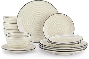 vancasso Dinnerware Sets 12 Pieces Bonbon Beige Dinner Set, Plates and Bowls Sets with Dinner Plates Bowls Handpainted Spiral