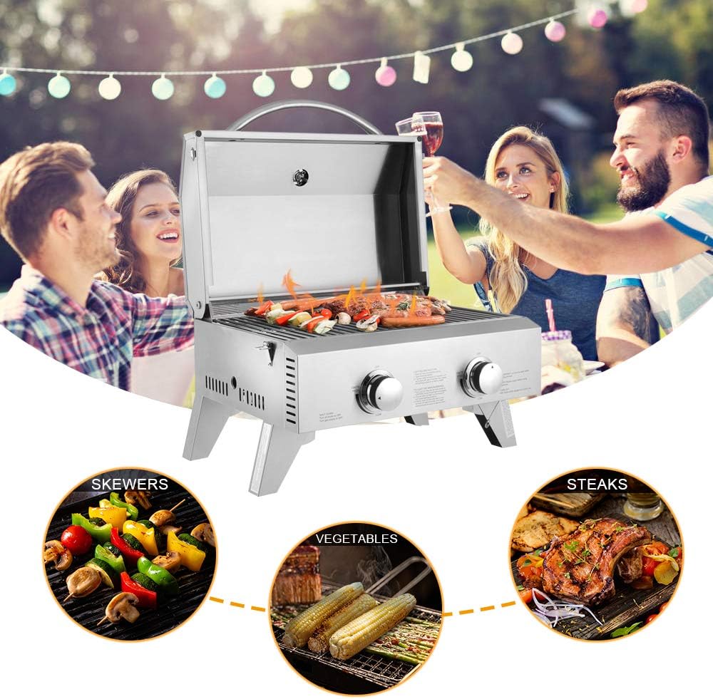 review Goujxcy Portable Propane BBQ Gas Grill,Mini Tabletop Stainless Steel 2-Burner Gas Grill 20000 BTU for Outdoor Camping Picnic(Silver)