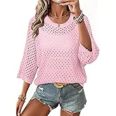 SHEWIN Womens Sweaters Crew Neck 3/4 Length Sleeve Crochet Tops Knit Beach Cover Ups Spring Outfits for Women