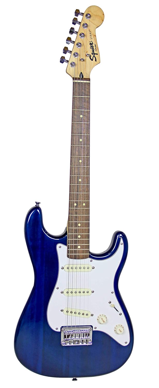 Amazon.com: Squier by Fender Short Scale Stratocaster - Transparent Blue  Bundle with Frontman 10G Amp, Cable, Tuner, Strap, Picks, Fender Play  Online ...