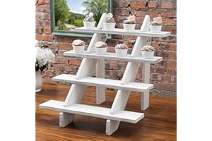 MyGift 4 Tier Large Vintage White Solid Wood Cascading Collectible Figurine Display Riser, Countertop Stair Step Shelf Spice Rack or Cupcake Dessert Stand, 20.5" x 20.5"