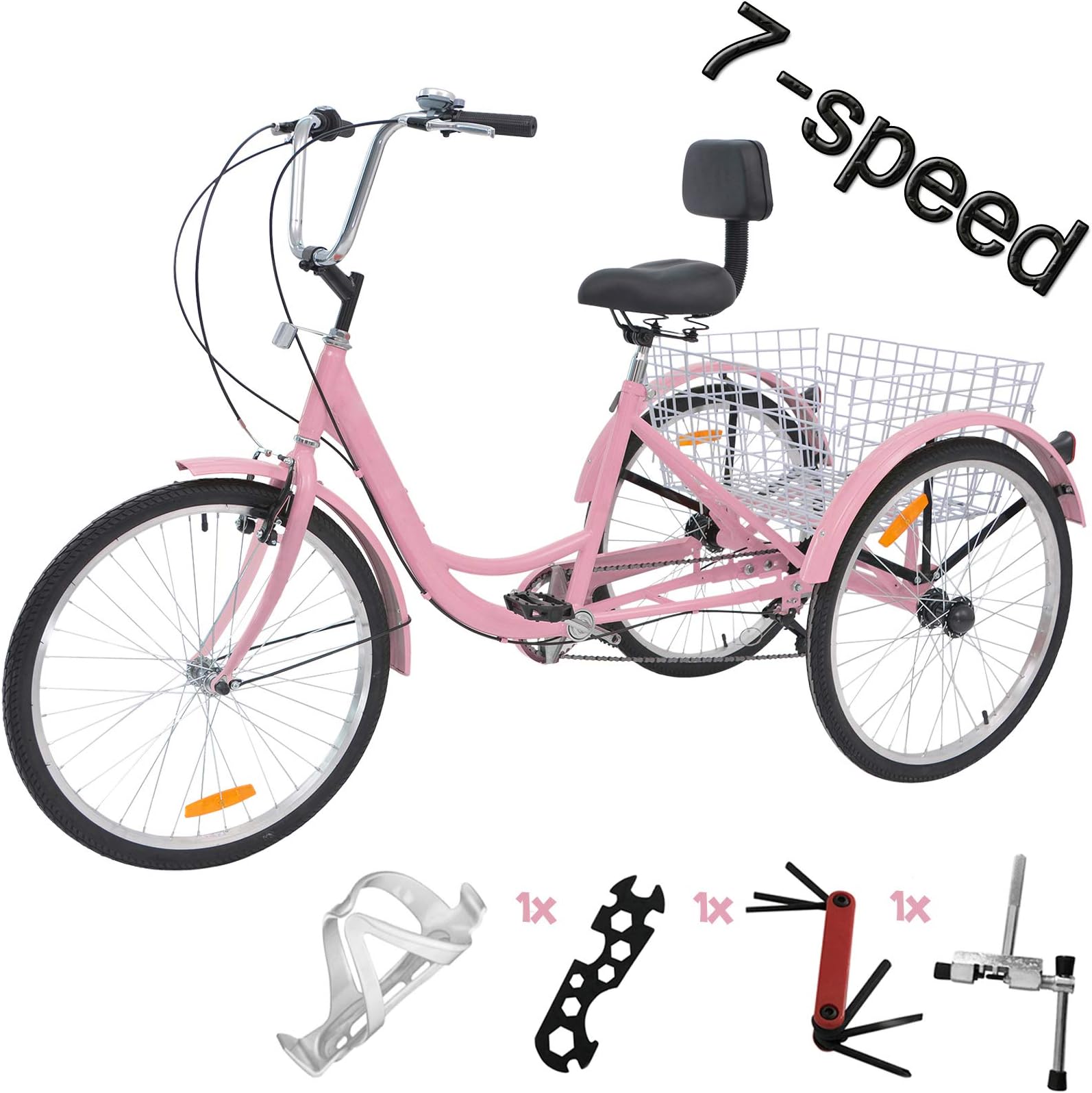 VANELL 7/1 Speed Tricycle Adult 20/24/26 in Trike Cruise Bike 3 Wheeled Bicycle W/Large Size Basket for Women Men Shopping Exercise Recreation