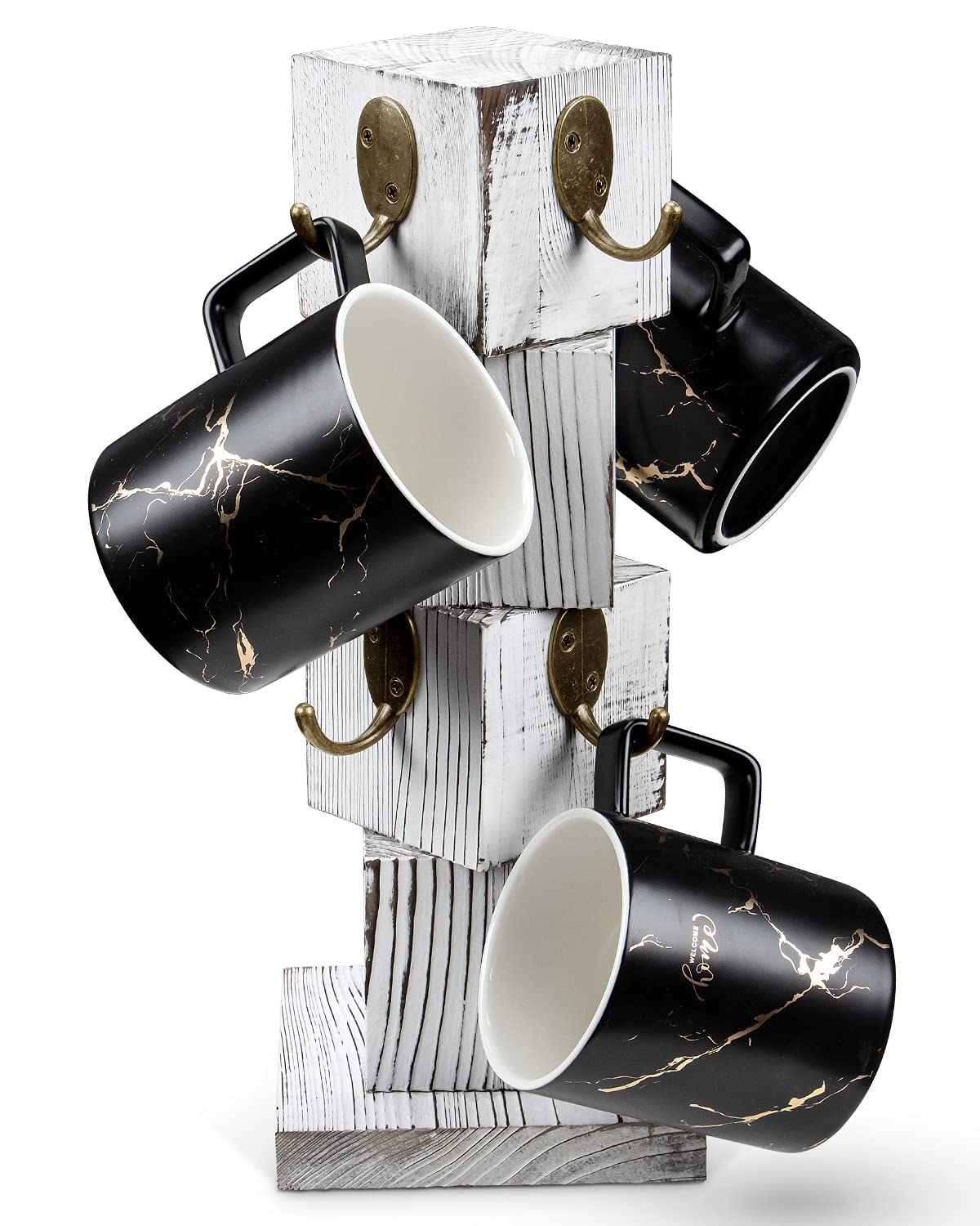 PUERSI Coffee Mug Holder for Counter, Rustic Solid Wood Mug Tree, Farmhouse Wooden Coffee Cup Rack, Distressed Mug Stand with 8 Hooks (Farmhouse White)