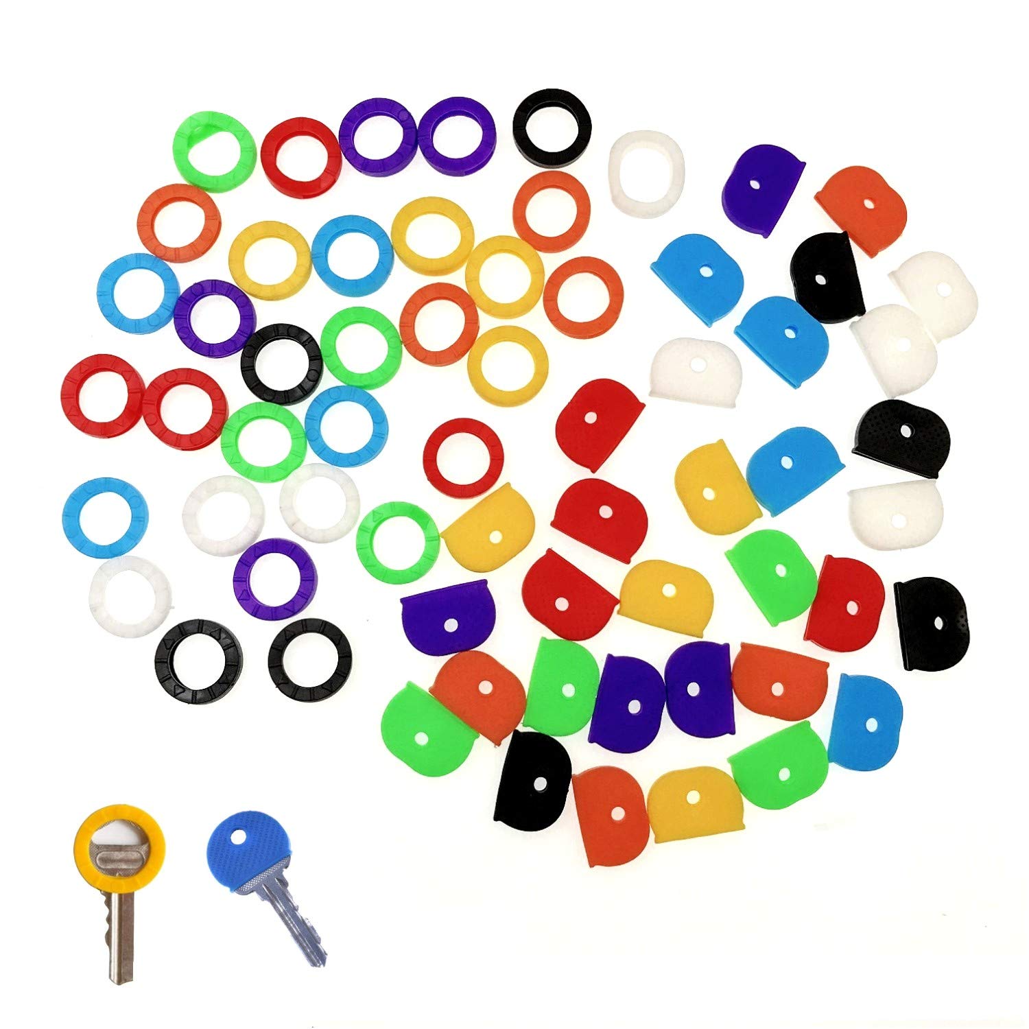 JZK Set 64 x colourful flexible rubber key cap covers key identifier coding rings to colour code keys