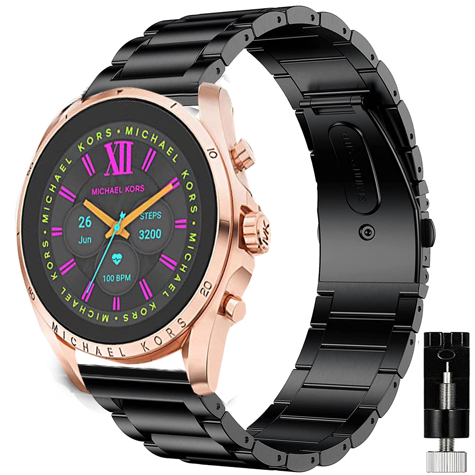 Michael Kors Compatible Quick Release Stainless Steel Metal Replacement Straps for Gen 6 Bradshaw Smartwatch (Black)