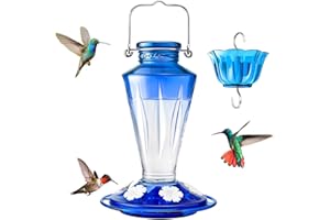 Kingsyard Glass Hummingbird Feeders for Outdoors Hanging Ant & Bee Proof, 16 Ounces Bird Nectar Feeder 6 Flower Feeding Ports, Leak Proof, Easy to Refill & Clean, Ant Moat Included, Blue
