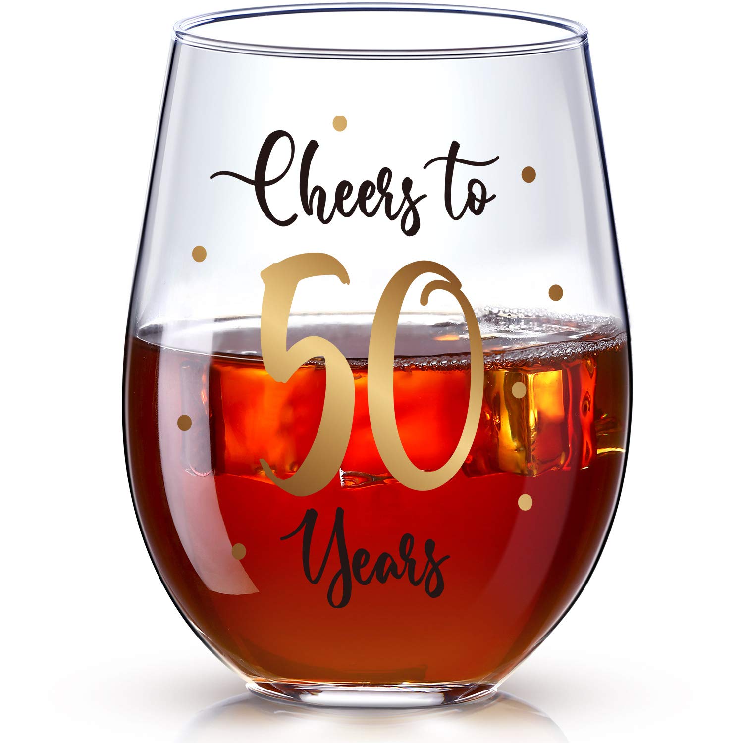 50th Birthday Stemless Wine Glass, Gold Cheers to 50 Years Birthday Wine Glass Present for Men Women 50th Birthday Party Wedding Anniversary Party Decorations, 17 oz Stemless