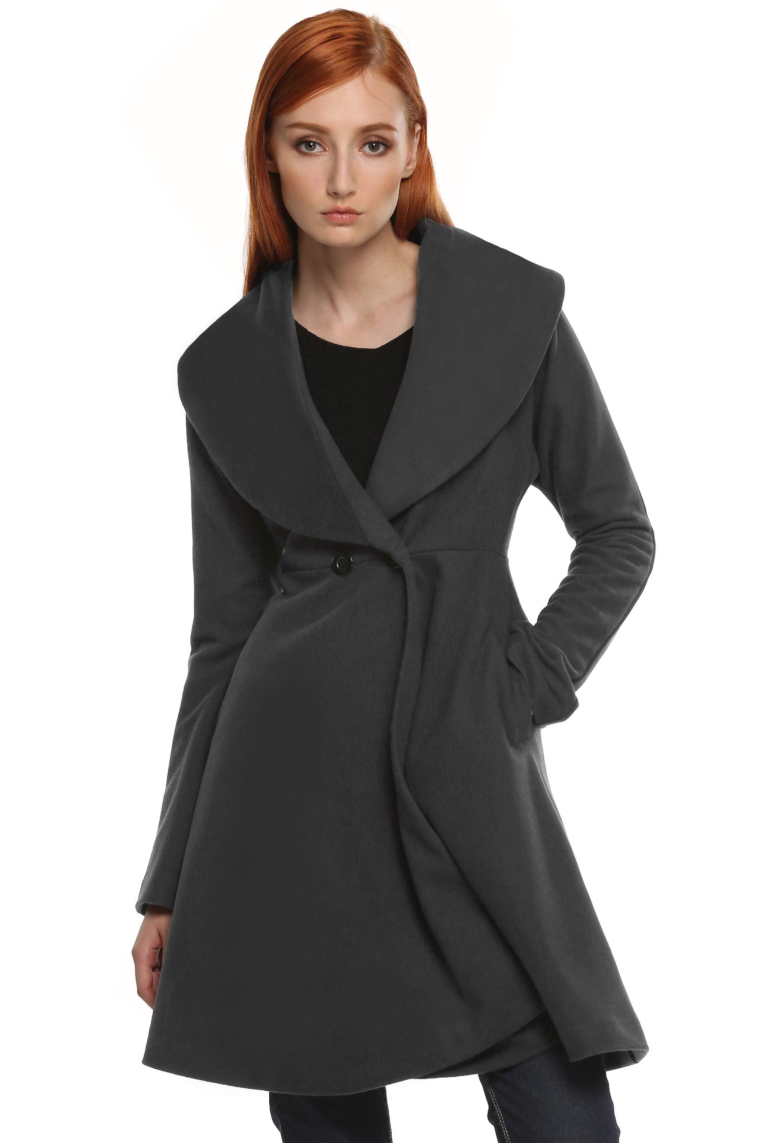 Korie Women Elegant Slim Fit Hooded Thick Pockets Woolen Trench Coat Overcoat (Gray, XXL)