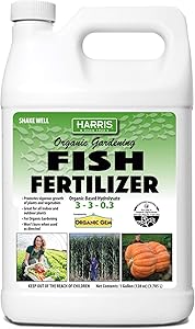 Harris Organic Plant Food and Plant Fertilizer, Hydrolyzed Liquid Fish Fertilizer Emulsion Great for Tomatoes and Vegetables, 3-3-0.3, 32oz (128oz (Gallon))
