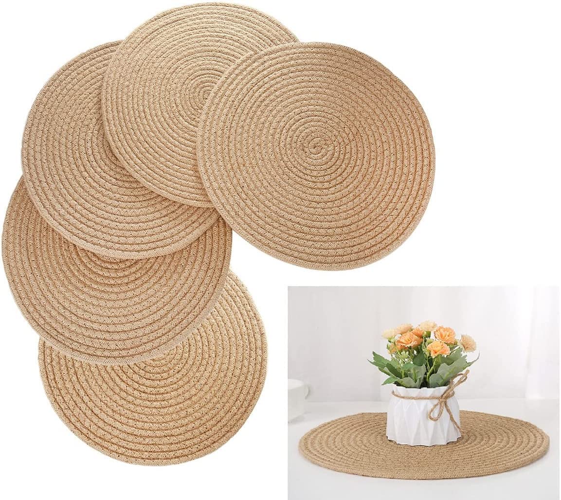 Set of 6 Round Jute Woven Placemats, Braided Tablemats Natural Jute Handmade Woven Placemats Heat Resistant Non-Slip Potholder for Kitchen Dining Table (6, 13.7)