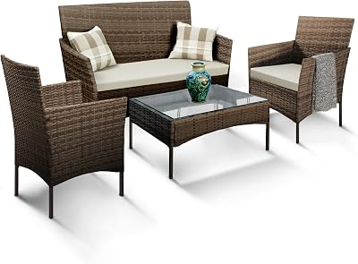 KEPLIN 4 Piece Rattan Garden Furniture Set Beige Outdoor Sofa & Chairs