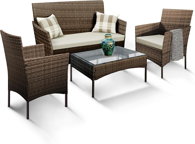 KEPLIN 4 Piece Rattan Garden Furniture Set Beige Outdoor Sofa & Chairs