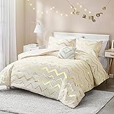 Codi White and Gold Bed Comforter Set, Cute Queen and Full Size Golden Teen Girls Bedding, 4 Pieces - All Seasons Warm